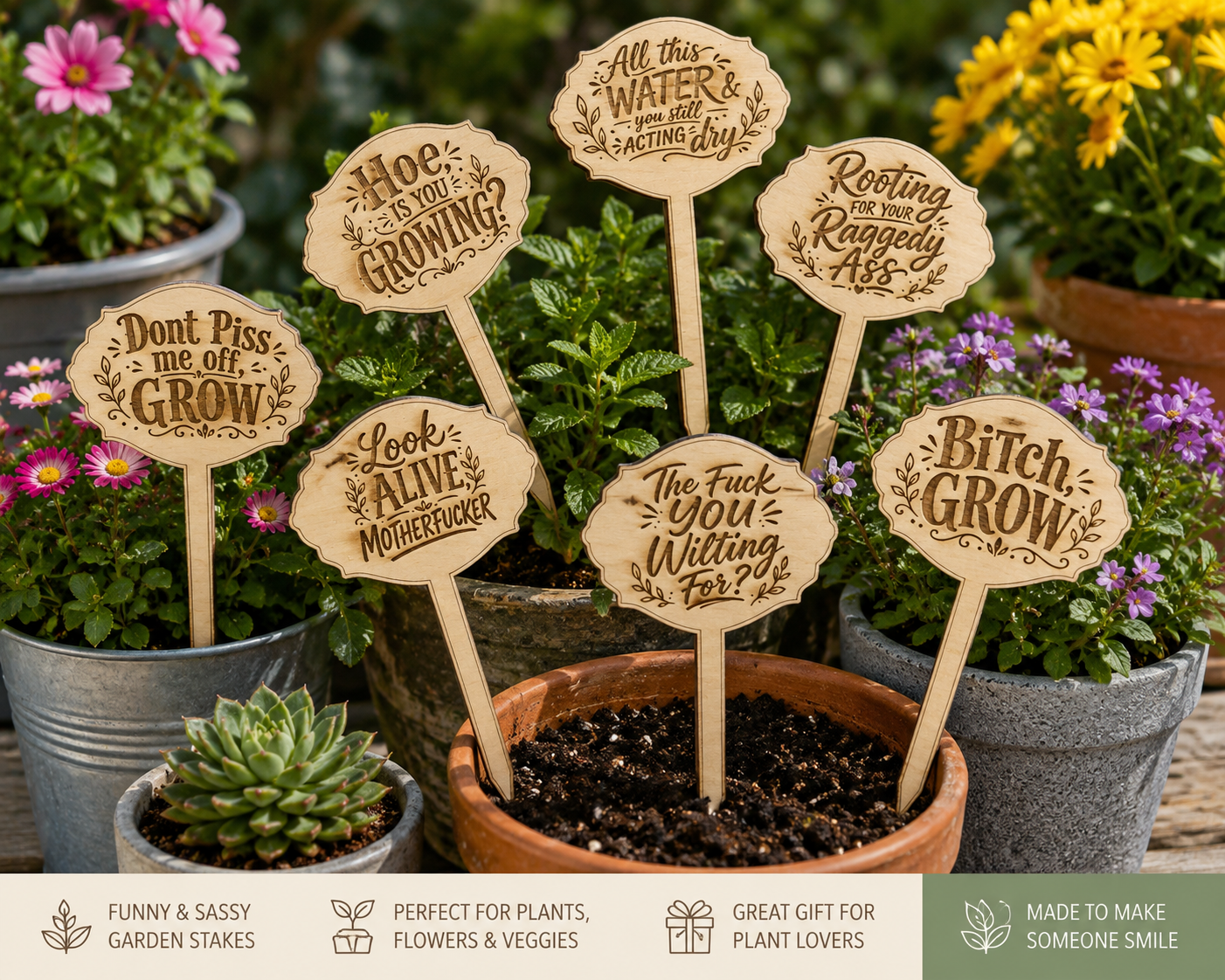Funny & Sassy Wooden Garden Stakes